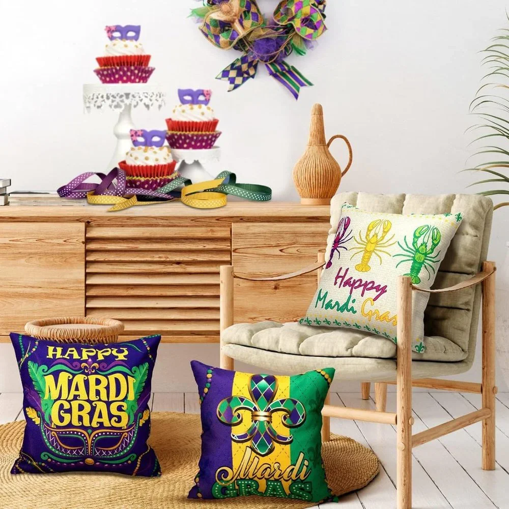 NWOT Mardi Gras Pillow Covers 18x18 Set of 4 Happy Mardi Gras